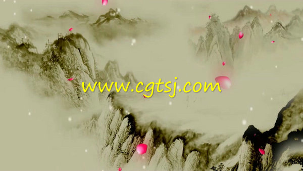 沁园春雪水墨山水花瓣雪花中国风LED大屏幕背景视频素材的图片1