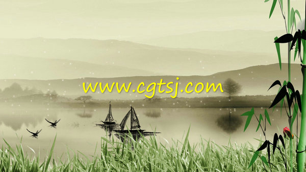 水墨江南循环天鹅小船竹子中国风LED大屏幕视频背景素材的图片2
