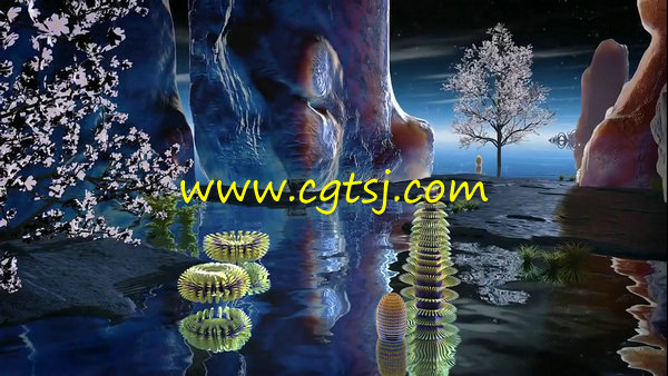 唯美月色3D视觉效果月亮湖水水上植物led大屏幕背景视频素材的图片1