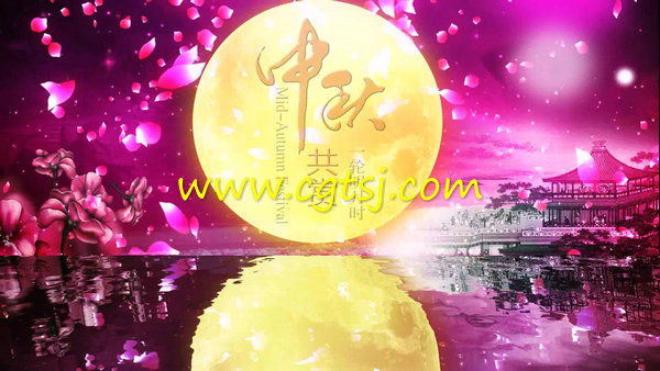 中秋月圆唯美夜色粉色花瓣漂飞亭子节日晚会LED屏幕视频背景素材的图片2