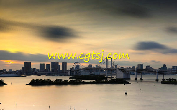 彩虹大桥日落黄昏云彩夜景轮船延时摄影素材的图片1