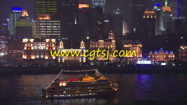上海黄埔江灯光夜景游船经过高清视频实拍素材的图片1