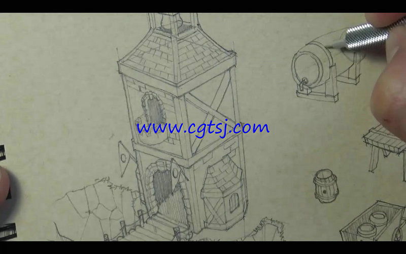 游戏建筑场景铅笔手绘实例训练视频教程的图片2