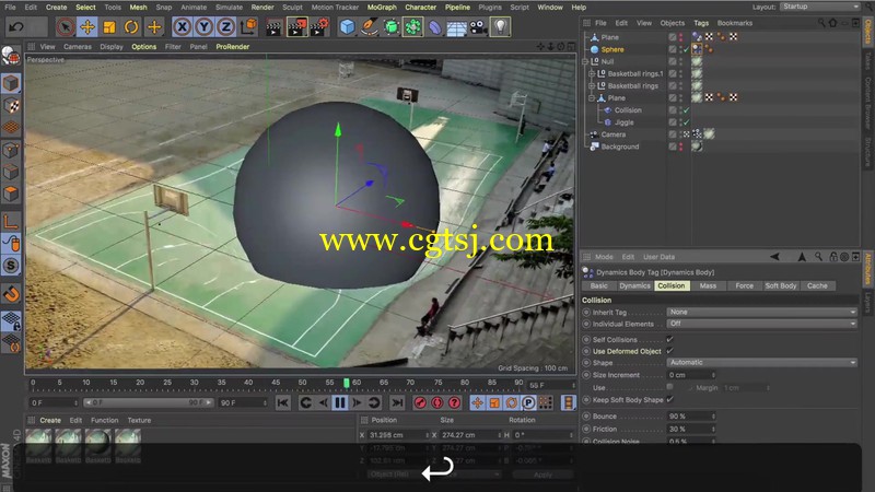 碰撞对象与篮球场建模渲染C4D视频教程的图片1